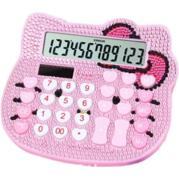 Pink Super Cute Cat Crystal Calculator with Large LCD Display, Gift for Girls